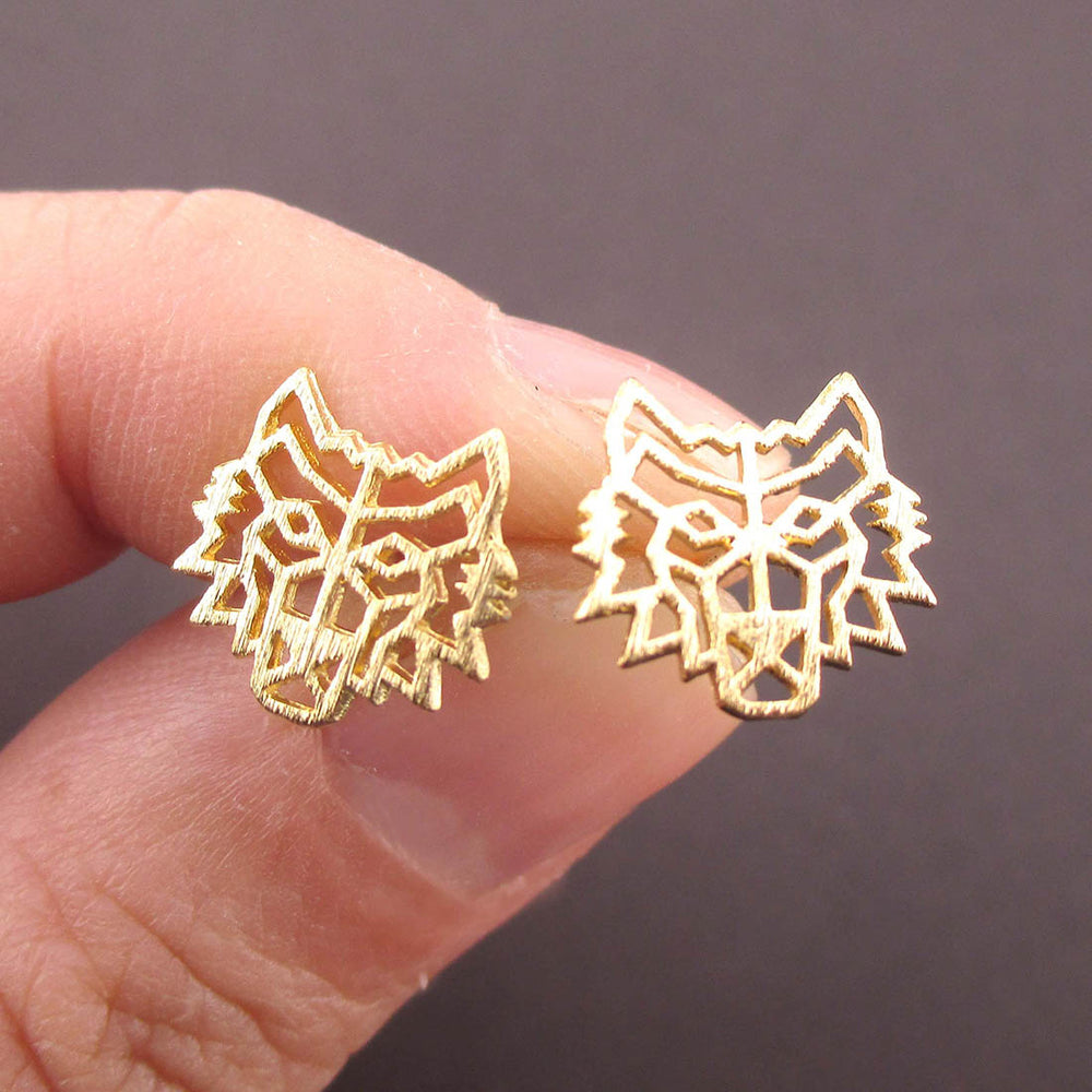 Direwolf Dye Cut Wolf Face Shaped Stud Earrings in Gold | DOTOLY