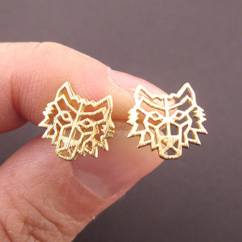 Direwolf Dye Cut Wolf Face Shaped Stud Earrings in Gold | DOTOLY