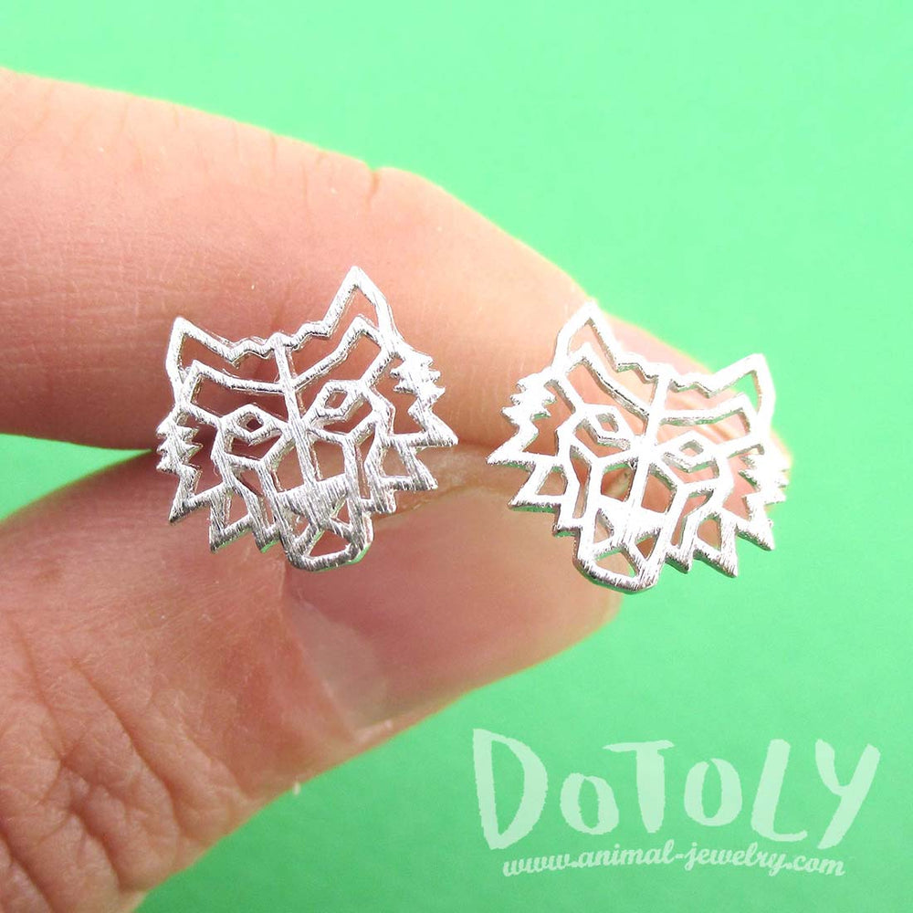 Direwolf Dye Cut Wolf Face Shaped Stud Earrings in Silver | DOTOLY