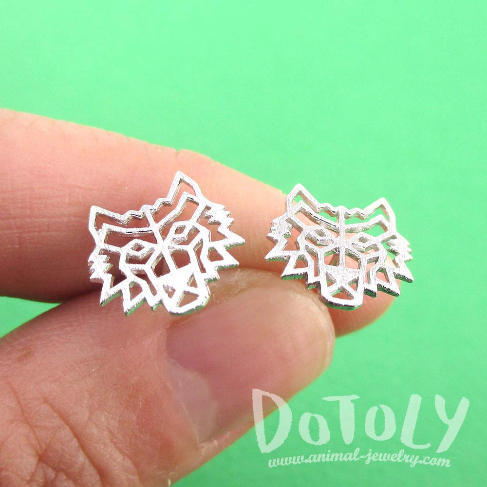 Direwolf Dye Cut Wolf Face Shaped Stud Earrings in Silver | DOTOLY