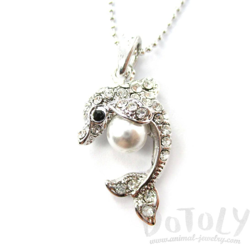 Silver Dolphin Shaped Rhinestone Pearl Pendant Necklace