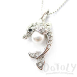 Silver Dolphin Shaped Rhinestone Pearl Pendant Necklace