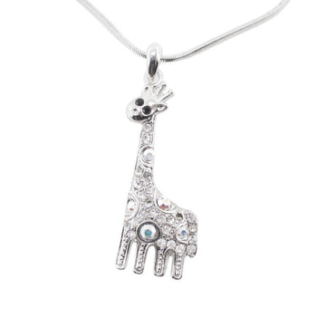 Dorky Giraffe Shaped Pendant Necklace in Silver with Rhinestones