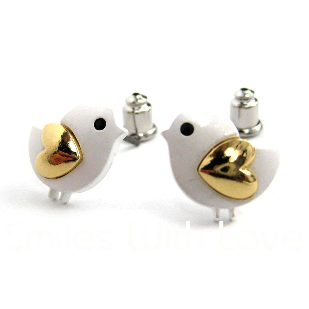 Baby Chick Bird Shaped Animal Stud Earrings with Heart Shaped Wings | DOTOLY