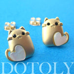 Kitty Cat Animal Stud Earrings in Gold with Heart Shaped Detail | ALLERGY FREE | DOTOLY
