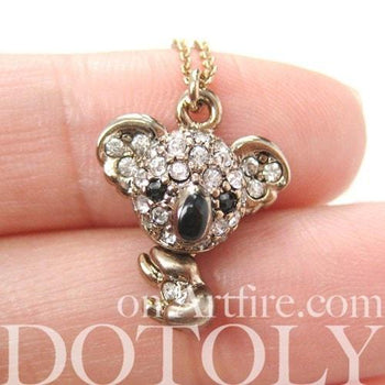 Koala Bear Adorable Animal Pendant Necklace in Dark Silver with Rhinestones | DOTOLY