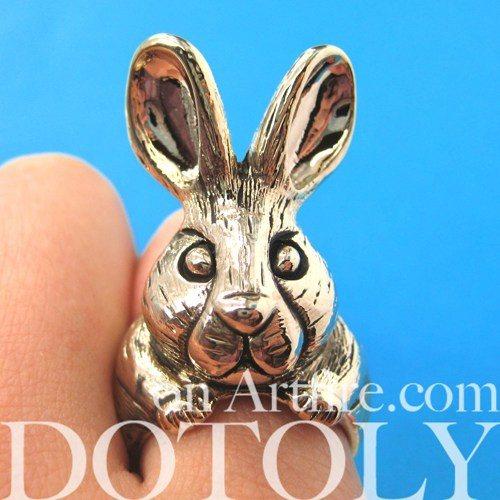 3D Alice In Wonderland Bunny Rabbit Adjustable Animal Ring in Gold DOTOLY