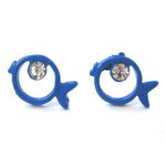 Round Fish Shaped Outline Stud Earrings in Blue with Rhinestones | DOTOLY