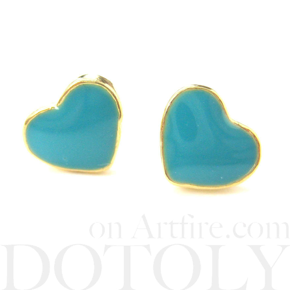 Small Heart Shaped Stud Earrings in Turquoise Blue and Gold | DOTOLY