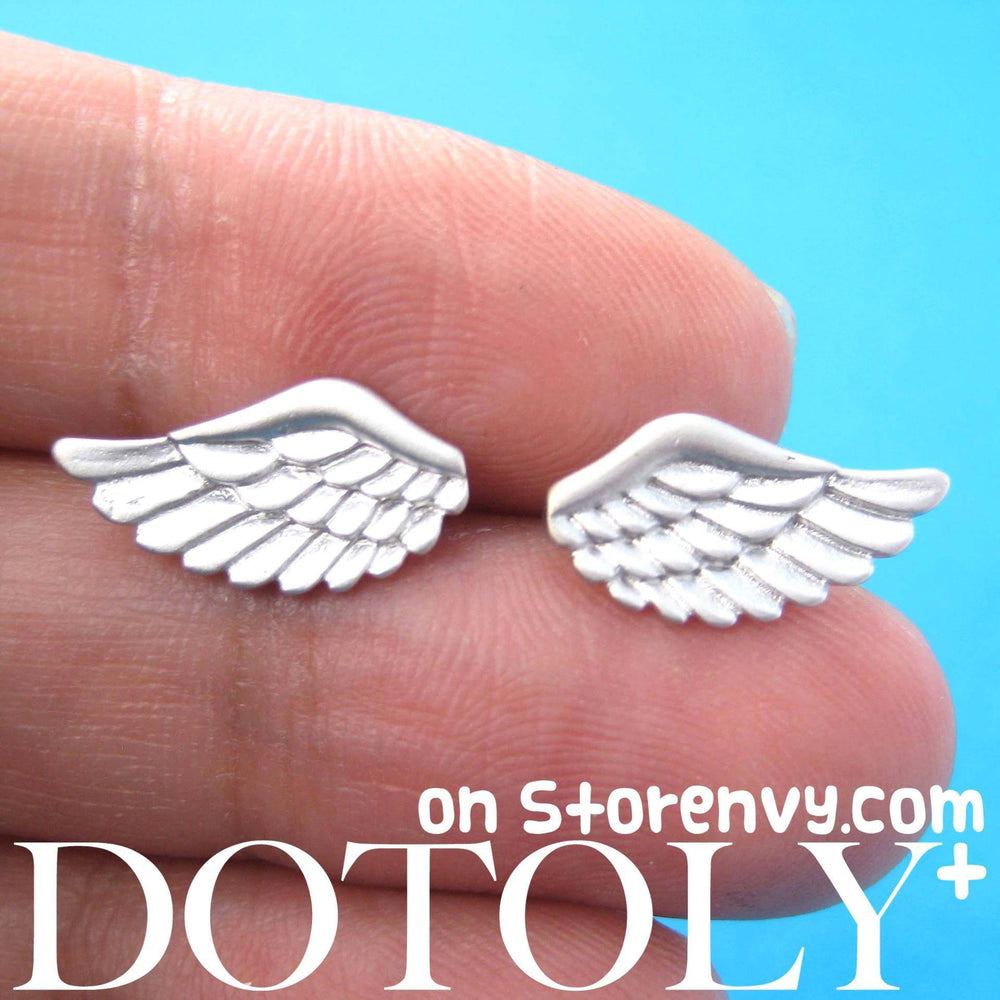 Feather Shaped Angel Wings Stud Earrings in Silver | ALLERGY FREE | DOTOLY