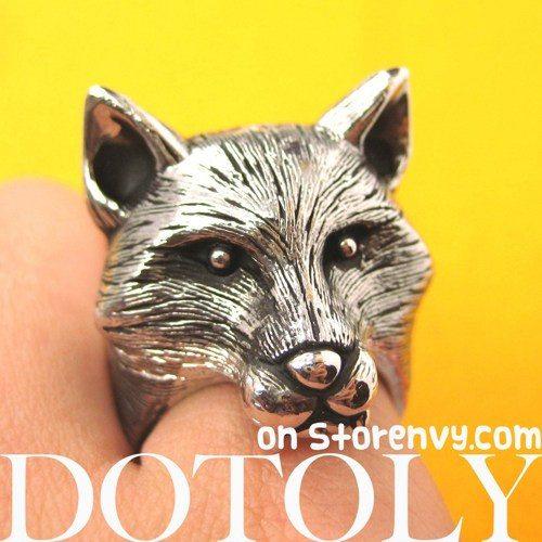 3D Adjustable Fox Werewolf Animal Ring in Shiny Silver with Fur Detail | DOTOLY