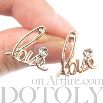 Love Cursive Stud Earrings in Rose Gold with Rhinestones | DOTOLY | DOTOLY