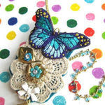 Butterfly Pendant and Brooch Necklace with Lace Detail in Shades of Blue | DOTOLY
