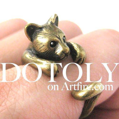 3D Kitty Cat Animal Wrap Around Ring in Brass in US Size 5 to Size 9 | DOTOLY