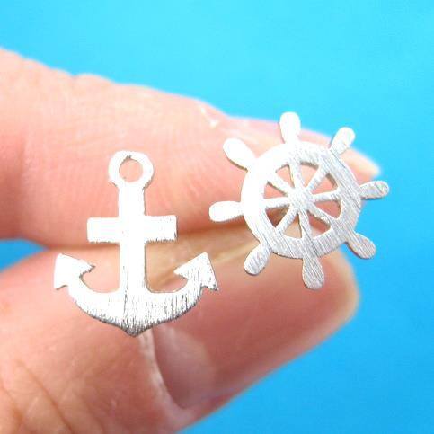 Anchor and Wheel Nautical Themed Stud Earrings with Sterling Silver Posts | DOTOLY