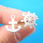 Anchor and Wheel Nautical Themed Stud Earrings with Sterling Silver Posts | DOTOLY