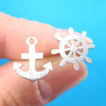 Anchor and Wheel Nautical Themed Stud Earrings with Sterling Silver Posts | DOTOLY
