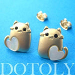 Kitty Cat Animal Stud Earrings in Gold with Heart Shaped Detail | ALLERGY FREE | DOTOLY
