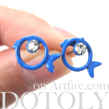 Round Fish Shaped Outline Stud Earrings in Blue with Rhinestones | DOTOLY