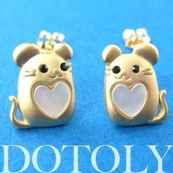 Mouse Mice Animal Stud Earrings in Gold with Heart Shaped Detail | ALLERGY FREE | DOTOLY