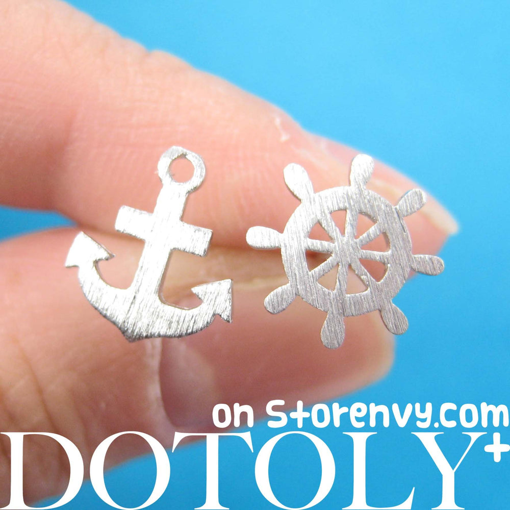 Anchor and Wheel Nautical Themed Stud Earrings with Sterling Silver Posts | DOTOLY