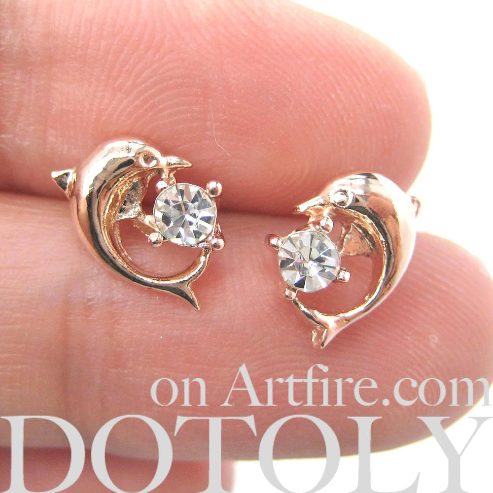 Classic Dolphin Shaped Sea Animal Stud Earrings in Rose Gold with Rhinestones | DOTOLY