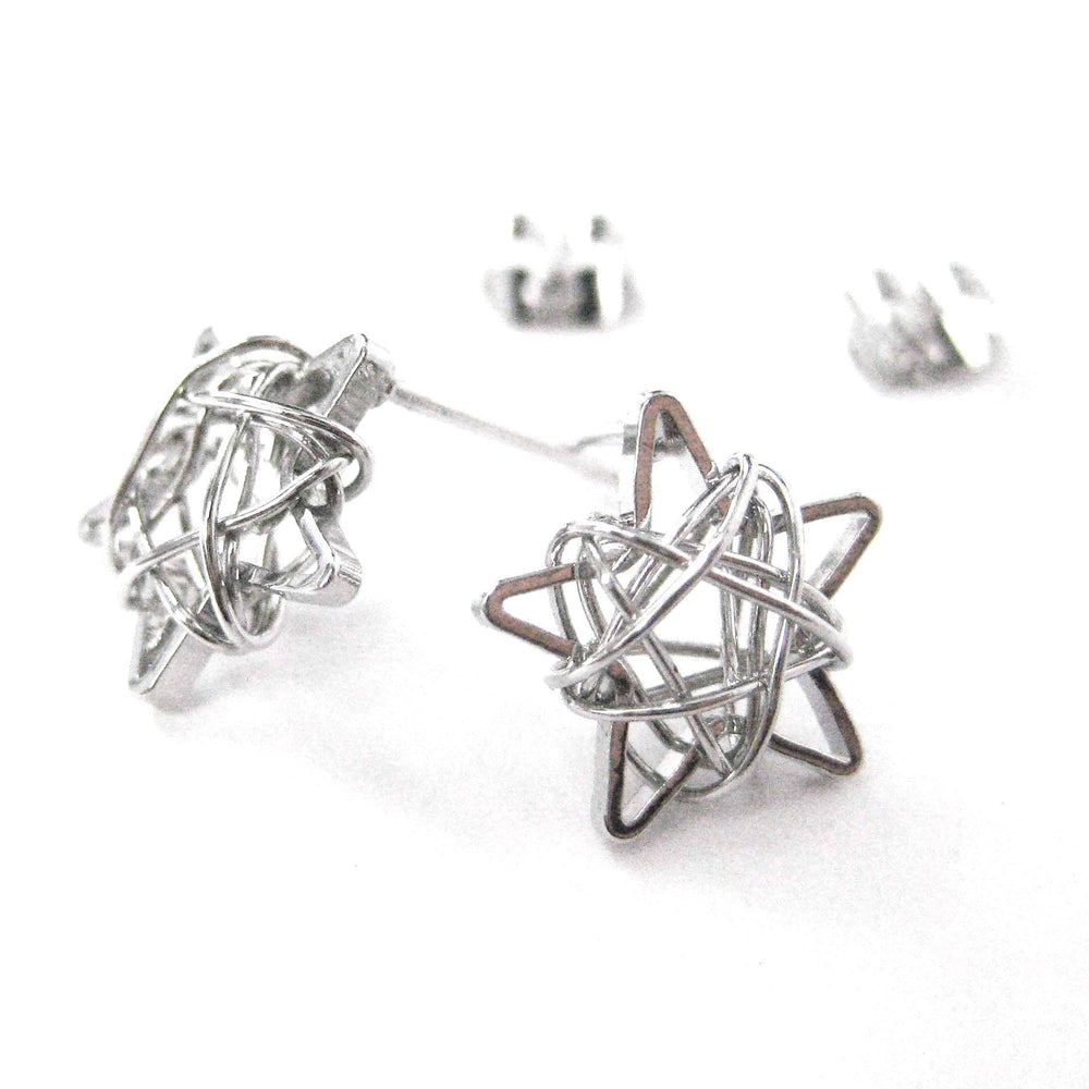 Unique 3D Star Shaped Wire Wrapped Stud Earrings in Silver | DOTOLY