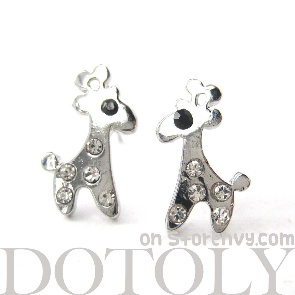 Adorable Giraffe Shaped Stud Earrings in Silver with Rhinestones | DOTOLY