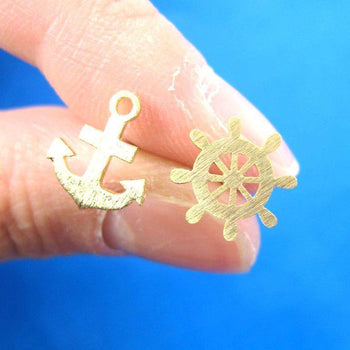 Anchor and Wheel Nautical Themed Stud Earrings in Gold | DOTOLY | DOTOLY