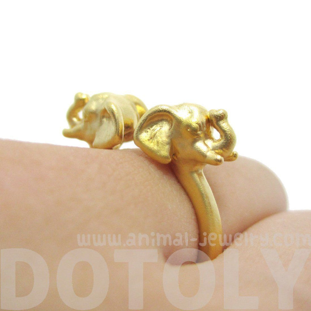 Double Elephant Head Shaped Sleek Animal Ring in Gold