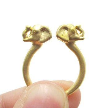 Double Elephant Head Shaped Sleek Animal Ring in Gold