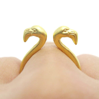 3D Double Flamingo Bird Head Shaped Sleek Ring in Gold