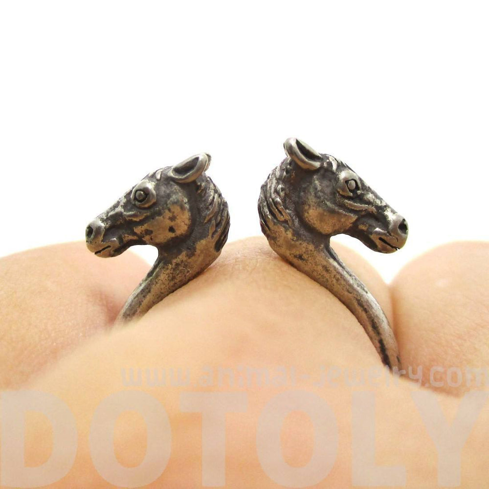 Double Horse Pony Head Shaped Animal Ring in Silver