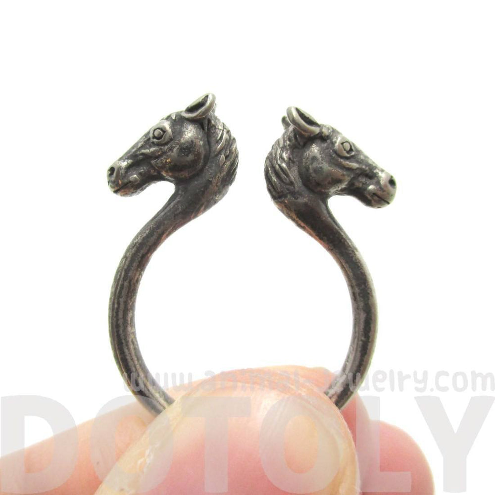 Double Horse Pony Head Shaped Animal Ring in Silver