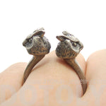 3D Double Owl Bird Head Shaped Sleek Ring in Silver