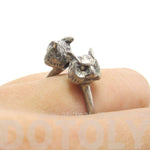 3D Double Owl Bird Head Shaped Sleek Ring in Silver