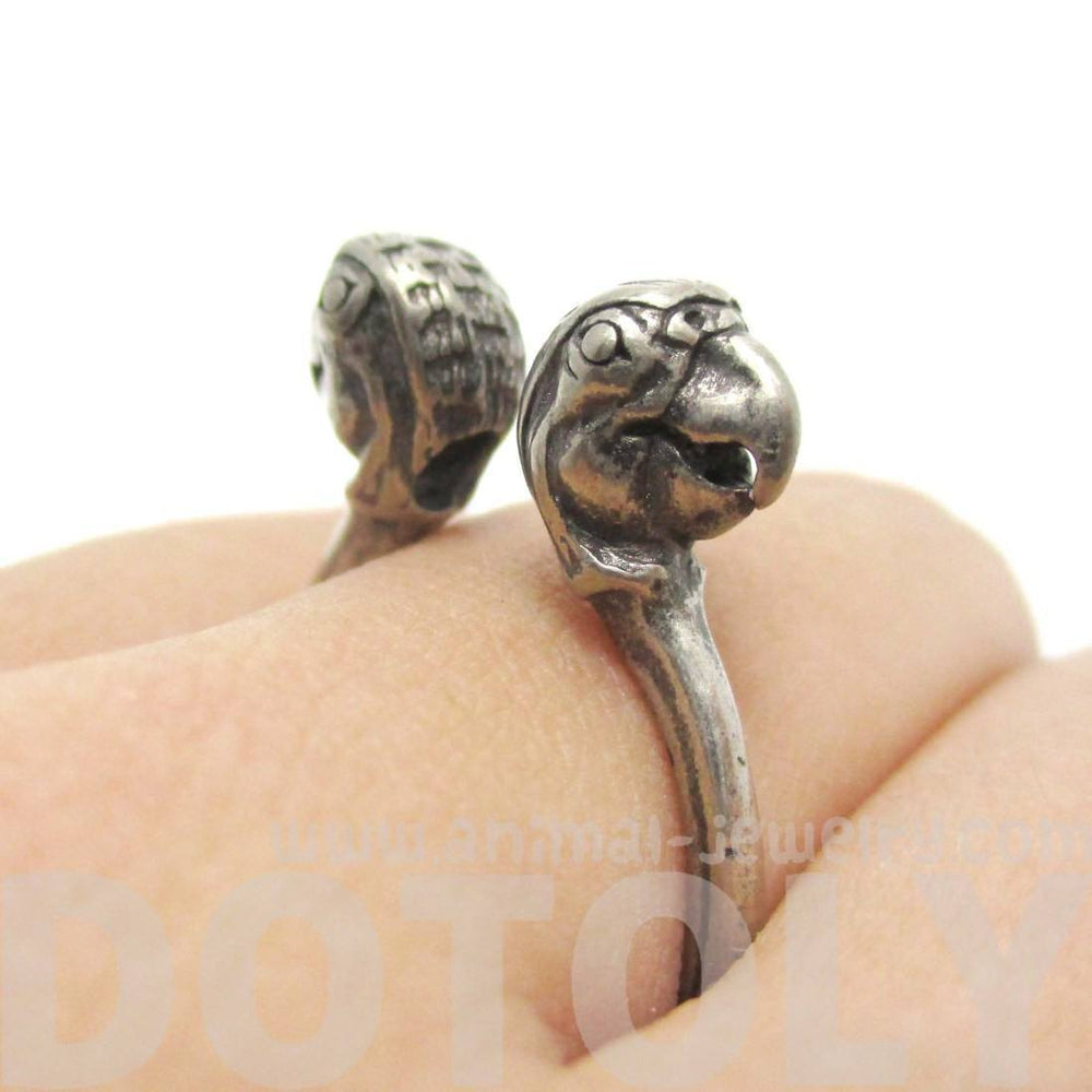 3D Double Parrot Bird Head Shaped Sleek Ring in Silver