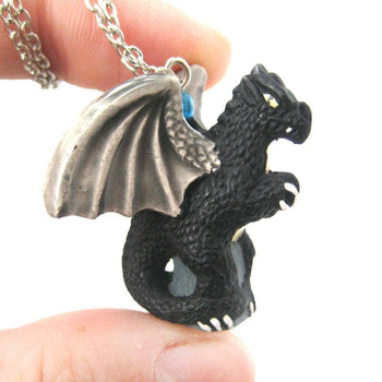 Dragon Shaped Porcelain Ceramic Targaryen Pendant Necklace in Black