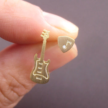 Electric Bass Guitar and Plectrum Pick Shaped Musical Instrument Stud Earrings