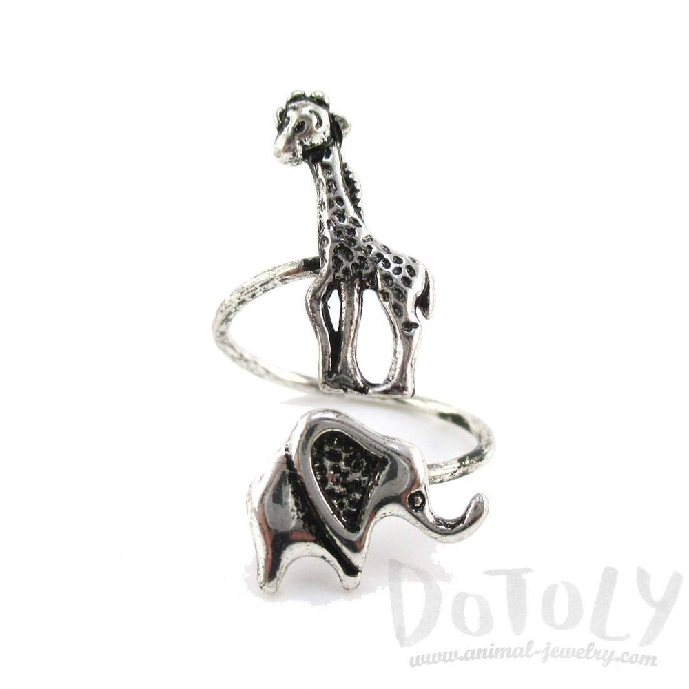Elephant Giraffe Wrap Around Adjustable Ring in Silver