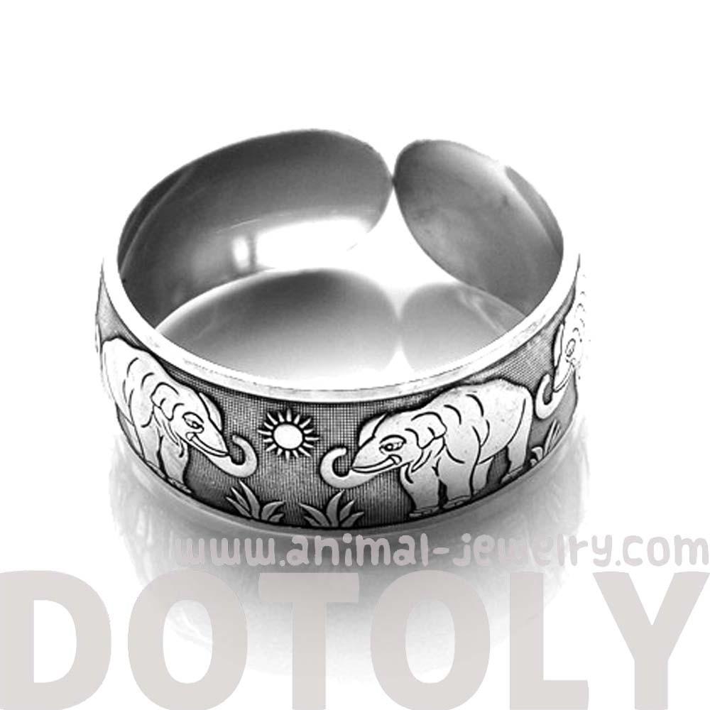 Elephant Family Bangle Cuff Bracelet in Silver | Animal Jewelry