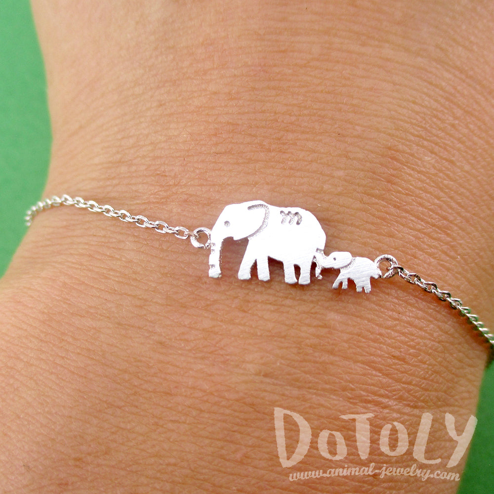 Elephant Family Mom and Baby Silhouette Shaped Charm Bracelet in Silver| DOTOLY