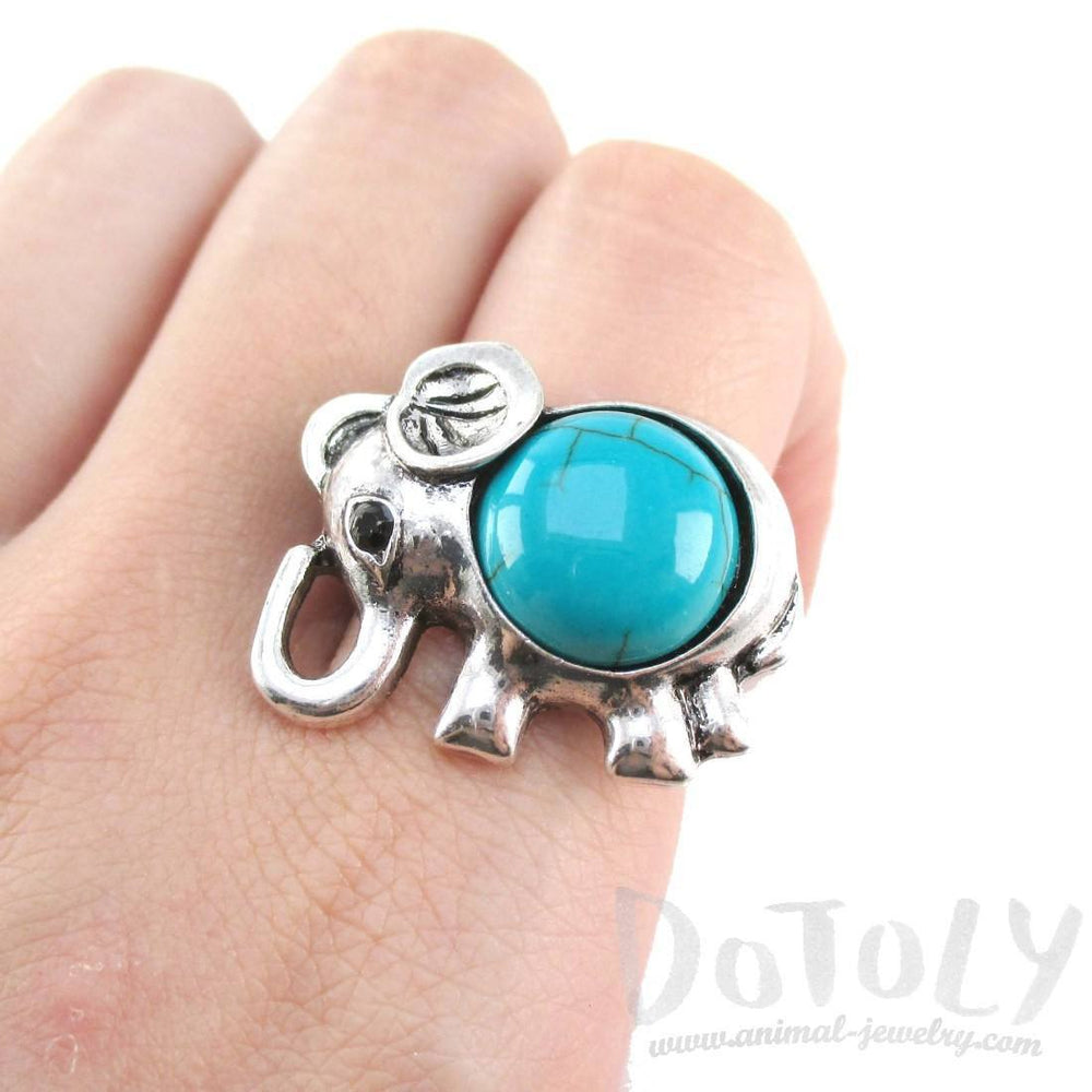 Silver Elephant Shaped Animal Ring with Turquoise Stone