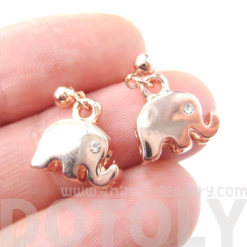 Elephant Shaped Animal Themed Dangle Drop Stud Earrings in Rose Gold