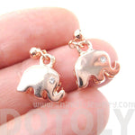 Elephant Shaped Animal Themed Dangle Drop Stud Earrings in Rose Gold