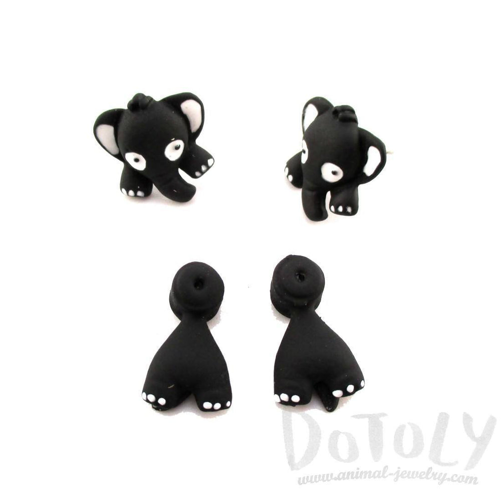 Elephant Shaped Two Part Stud Earrings in Black