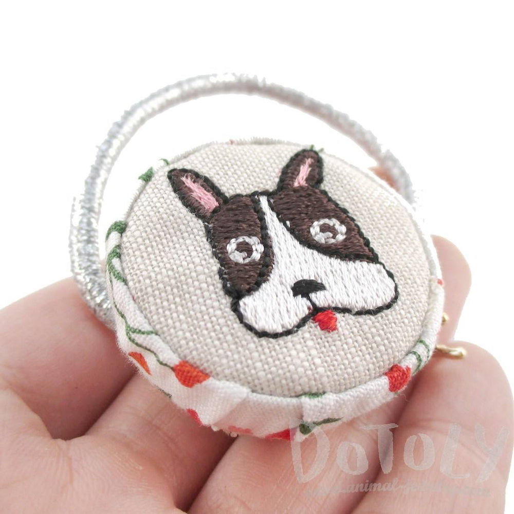 Embroidered Boston Terrier Puppy Print Button Hair Tie