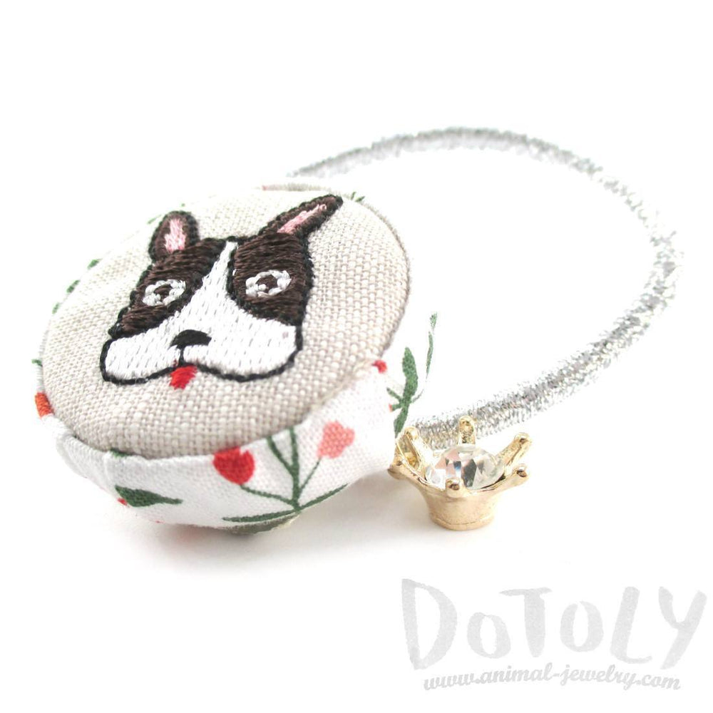 Embroidered Boston Terrier Puppy Print Button Hair Tie