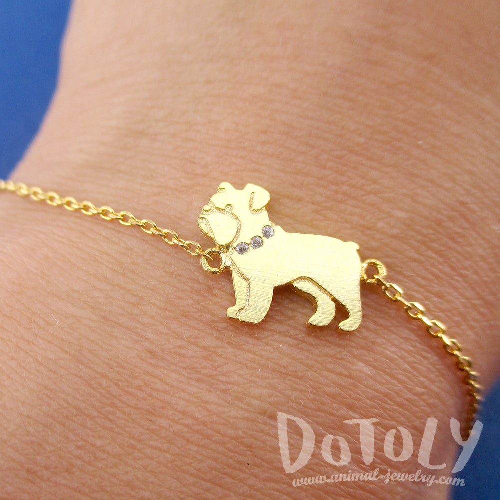 English Bulldog Dog Shaped Charm Bracelet in Silver Gold or Rose Gold