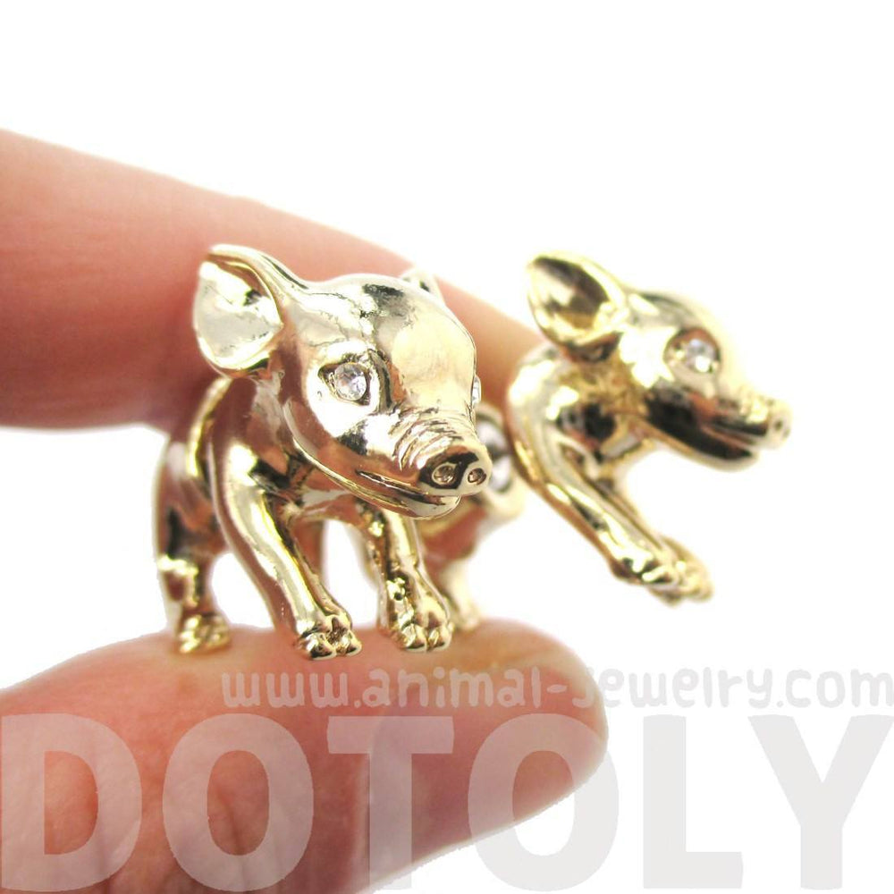3D Piglet Shaped Animal Front & Back Two Part Earrings in Shiny Gold